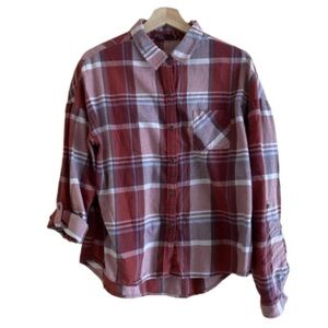 PrAna Shirt Woman Large Plaid Collared Roll Tab Sleeve Gorpcore Hiking Preppy